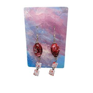 Handmade pink red white earrings on silver tone earwires